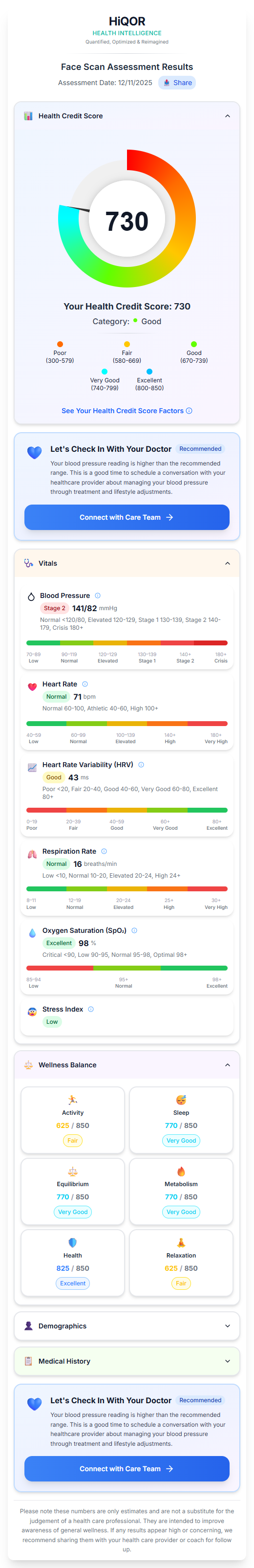 Face Scan Assessment Results showing health credit score of 730 and detailed vitals